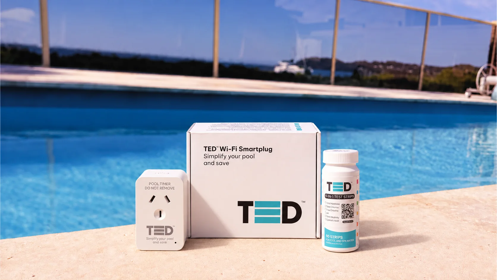 The TED smart plug, test strips and box on the edge of a pool