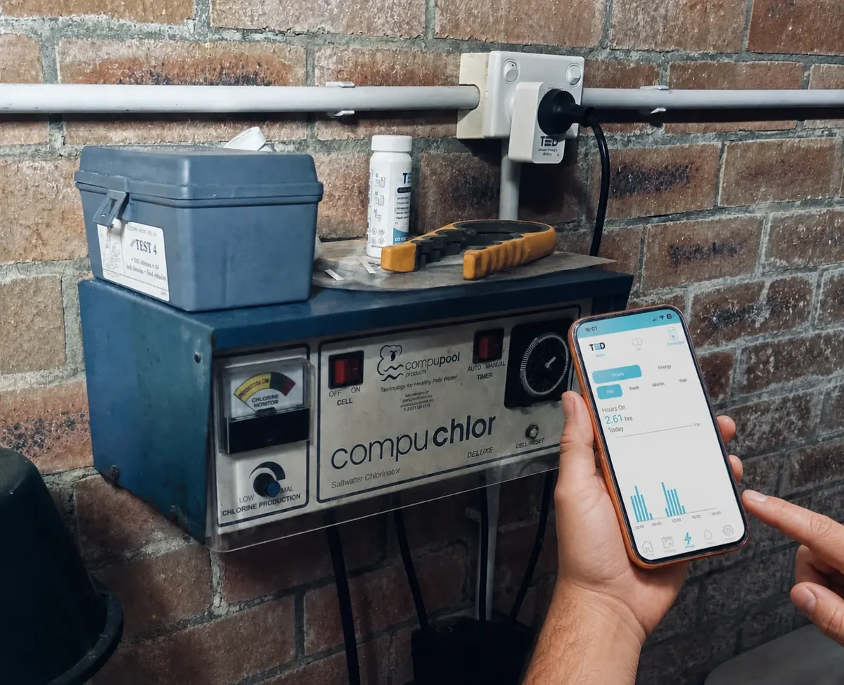 TED plugged in beside a pool chlorinator, with the TED app open on a phone