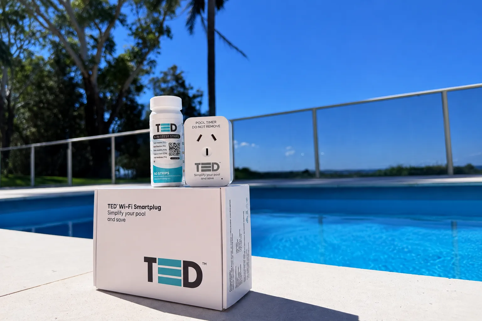 The TED smart plug and test strips on the TED box by a pool